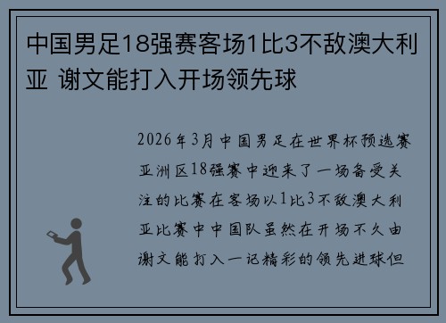 中国男足18强赛客场1比3不敌澳大利亚 谢文能打入开场领先球