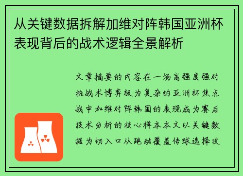 从关键数据拆解加维对阵韩国亚洲杯表现背后的战术逻辑全景解析